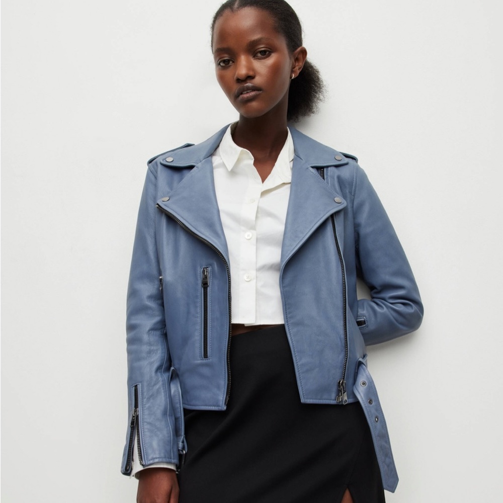 All Saint flint blue leather jacket NWT